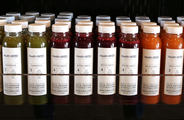Cold-pressed drinks are displayed at Health Binge store on 6040 W. Badura Ave., on Wednesday, Jan. 18, 2017, in Las Vegas. The shop near Jones Boulevard and the 215 Beltway is the first retail loc ...
