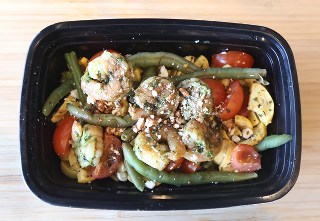 Rocket pesto shrimp is displayed at Health Binge store on 6040 W. Badura Ave., on Wednesday, Jan. 18, 2017, in Las Vegas. The shop near Jones Boulevard and the 215 Beltway is the first retail loca ...