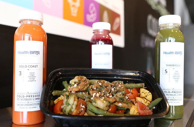 Rocket pesto shrimp and cold-pressed drinks are displayed at Health Binge store on 6040 W. Badura Ave., on Wednesday, Jan. 18, 2017, in Las Vegas. The shop near Jones Boulevard and the 215 Beltway ...