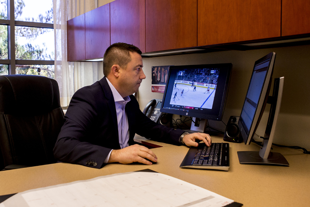 Misha Donskov, recently appointed by the Las Vegas NHL expansion franchise as director of hockey operations, sends an email at the Golden Knights offices, Las Vegas, Jan. 6, 2017. (Elizabeth Bruml ...