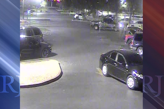 Las Vegas police are looking two male suspects connected to a robbery and a kidnapping on Dec. 17, 2016. They were last seen leaving in the vehicle pictured in surveillance footage. (Las Vegas Met ...