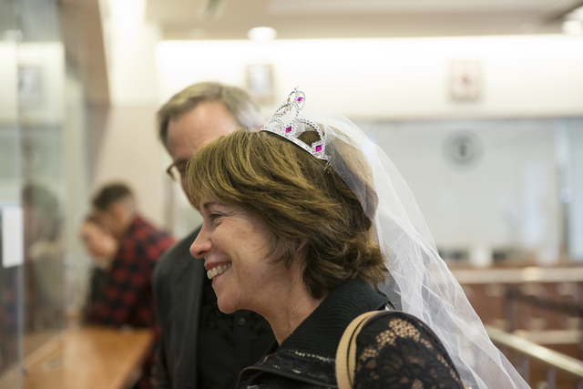 Nancy Fromm with Karl Bode of Phoenix complete their marriage license at the Clark County Marriage License Bureau on Friday, Jan. 13, 2017, in Las Vegas. Erik Verduzco/Las Vegas Review-Journal Fol ...