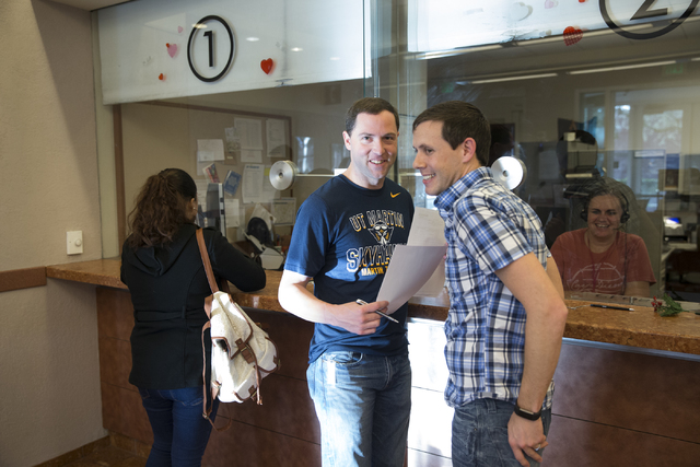 Greg Anderson, left, and Chad Swiney of Tennessee after completing their marriage license at the Clark County Marriage License Bureau on Friday, Jan. 13, 2017, in Las Vegas. Erik Verduzco/Las Vega ...