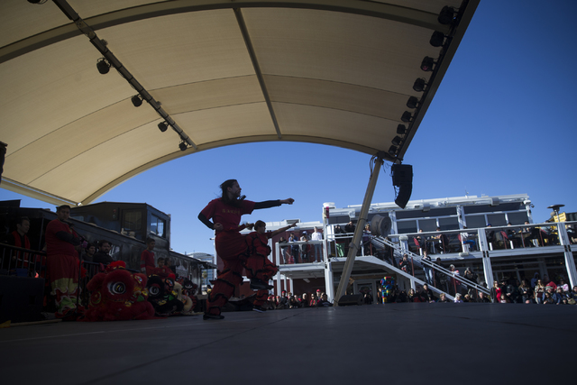 Performers with the Lohan School of Shaolin, Calexico Martial Arts Academy, perform during the Chinese New Year in the Desert event at the Container Park on Saturday, Jan. 28, 2017, in Las Vegas. ...