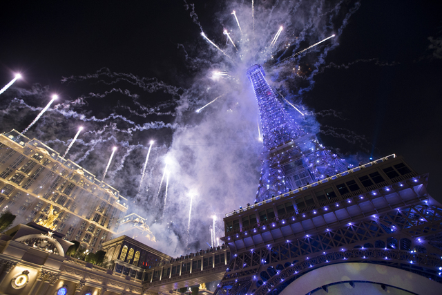 Fireworks light up the sky during the grand opening ceremony for Sands China Ltd. new resort, Parisian, on Tuesday, Sept. 13, 2016, in Macau. Erik Verduzco/Las Vegas Review-Journal Follow @Erik_Ve ...