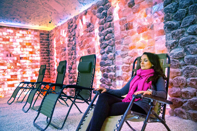 Niki Scalera relaxes in the salt cave at Salt Room LV. Sessions typically last about 45 minutes. (Benjamin Hager/Las Vegas Review-Journal)