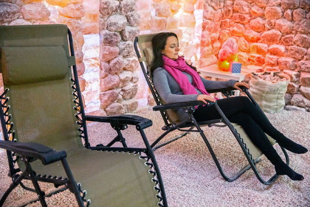Niki Scalera relaxes in the salt cave at Salt Room LV. Sessions typically last about 45 minutes. (Benjamin Hager/Las Vegas Review-Journal)
