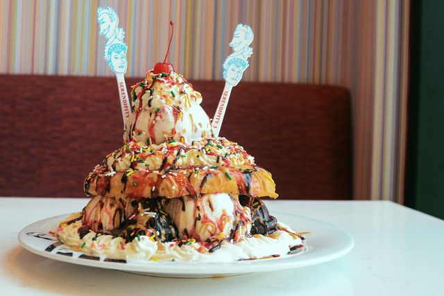 Are you up for this? It's the Peanut Butter & Glazed Donut Ice Cream Sundae at Serendipity 3. It's not only a mouthful to say, but to eat. (Courtesy)