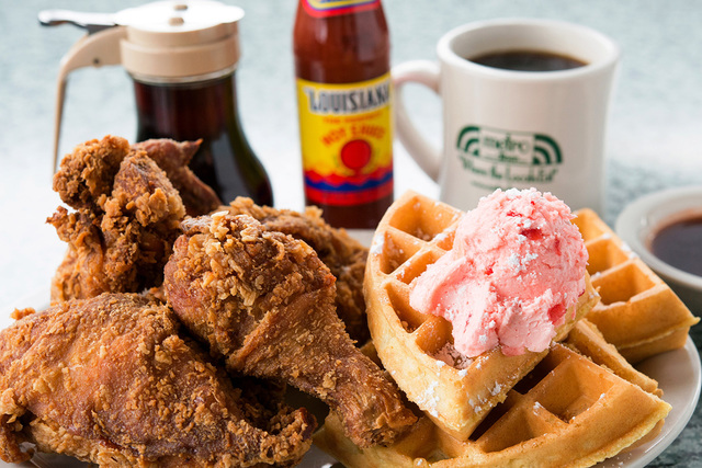 Fried chicken and a Belgian waffle topped with strawberry butter is one of Metro Diner's breakfast items. (Metro Diner)