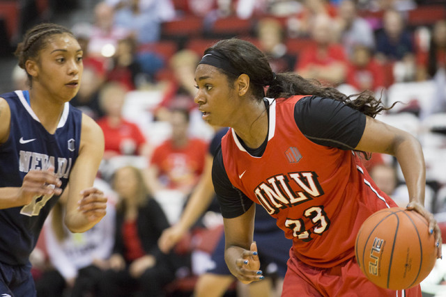 UNLV Rebels forward Jordyn Bell (23) takes the ball up the court at Cox Pavilion at UNLV campus on Wednesday, Feb. 8, 2017, in Las Vegas. (Bridget Bennett/Las Vegas Review-Journal) @bridgetkbennett