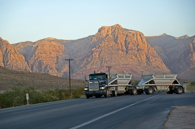 A truck leaves the Blue Diamond Hill Gypsum mine near the town of Blue Diamond on Wednesday morning, Aug. 10, 2016. Daniel Clark/Las Vegas Review-Journal Follow @DanJClarkPhoto