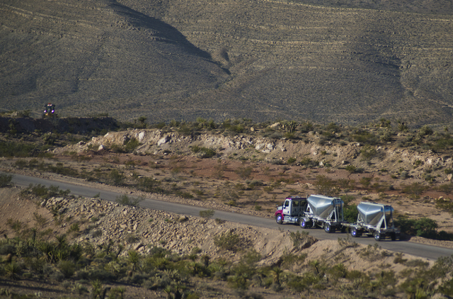 A truck leaves the Blue Diamond Hill Gypsum mine near the town of Blue Diamond on Wednesday morning, Aug. 10, 2016. (Daniel Clark/Las Vegas Review-Journal) Follow @DanJClarkPhoto