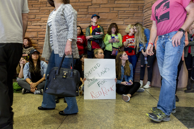 Rebecca Kickel, supporter of Save Red Rock, holds a sign against developing Red Rock while individuals watch testimonies given against  the proposed development of 5,025 homes on Blue Diamond Hill ...