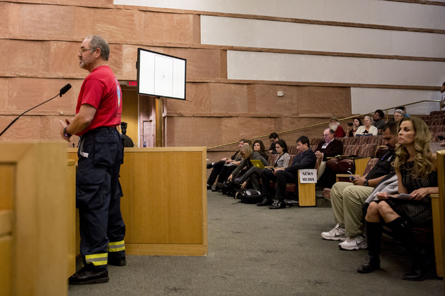 Kevin McGinn, deputy chief of the Blue Diamond Hill volunteer fire station, gives a testimony against  the proposed development of 5,025 homes on Blue Diamond Hill to the County Commissioners Wedn ...