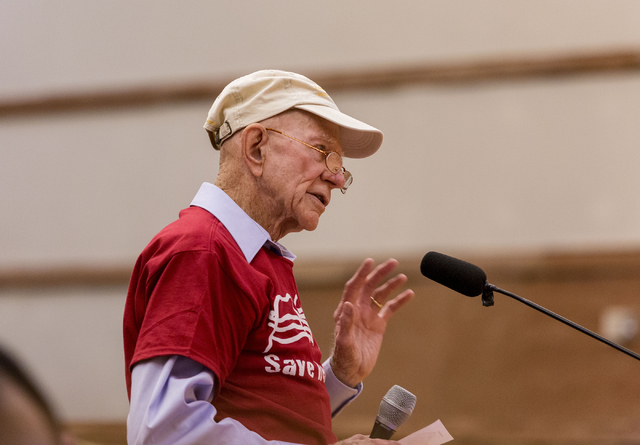 Howard Booth, 90, has been fighting for Red Rock for 55 years, gives a testimony against the proposed development of 5,025 homes on Blue Diamond Hill to the County Commissioners Wed. Feb. 22, 20 ...