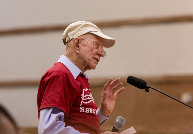 Howard Booth, 90, has been fighting for Red Rock for  55 years, gives a testimony against  the proposed development of 5,025 homes on Blue Diamond Hill to the County Commissioners Wednesday, Feb.  ...