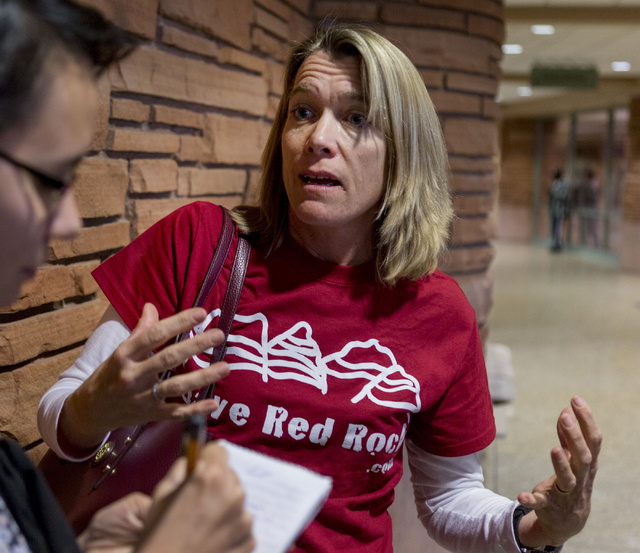 Dr. Sheila Billingsley, treasurer of of Save Red Rock, discusses her great disappointment with the County Commissioners' decision regarding the proposed development of 5,025 homes on Blue Diamond  ...