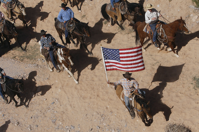 The Bundy family and its supporters fly the American flag as the family's cattle is released by the Bureau of Land Management back onto public land outside of Bunkerville, April 12, 2014. (Jason B ...