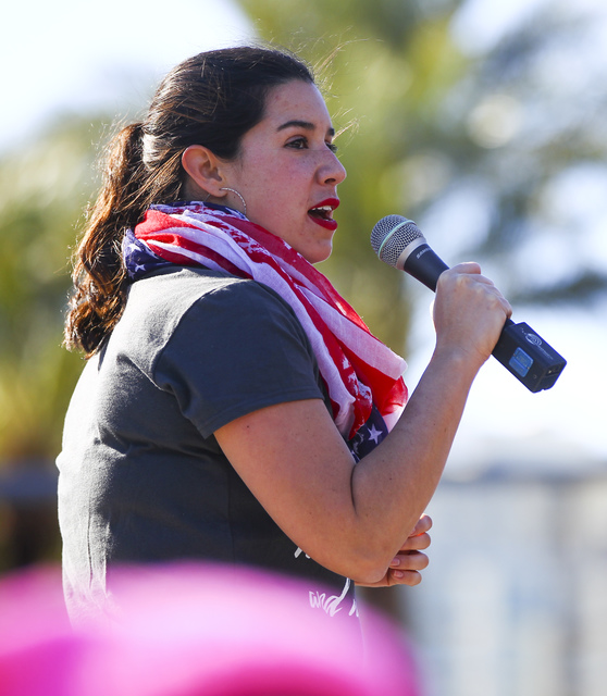Nevada State Senator-elect Yvanna Cancela speaks as supporters of women's rights gather outside of the Lloyd George U.S. Courthouse in downtown Las Vegas, Saturday, Jan. 21, 2017. (Chase Stevens/L ...