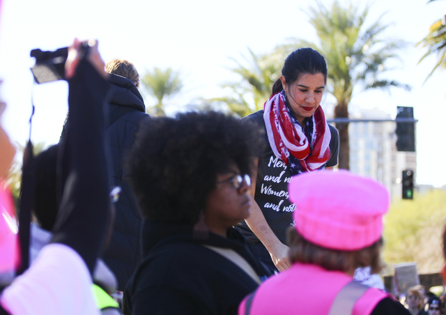 Nevada State Senator-elect Yvanna Cancela gathers with supporters of women's rights gather outside of the Lloyd George U.S. Courthouse in downtown Las Vegas, Saturday, Jan. 21, 2017. (Chase Steven ...