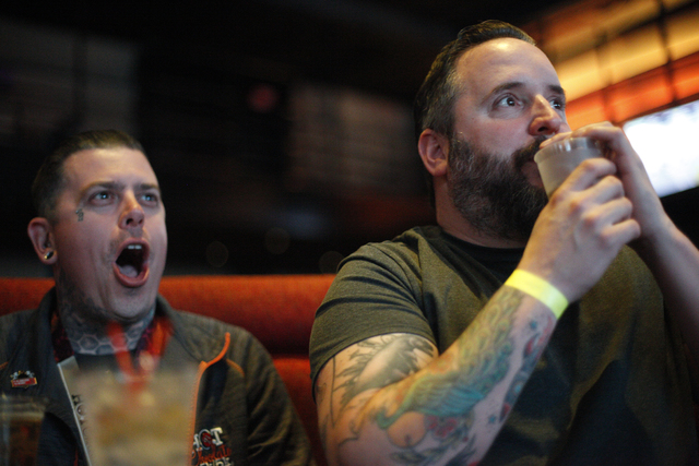 Swarm Wood and Joey Hutchinson watch the Daytona 500 race on Sunday Feb. 26, 2017, at the showroom at the South Point hotel and casino in Las Vegas. (Rachel Aston/Las Vegas Review-Journal) @rookie ...