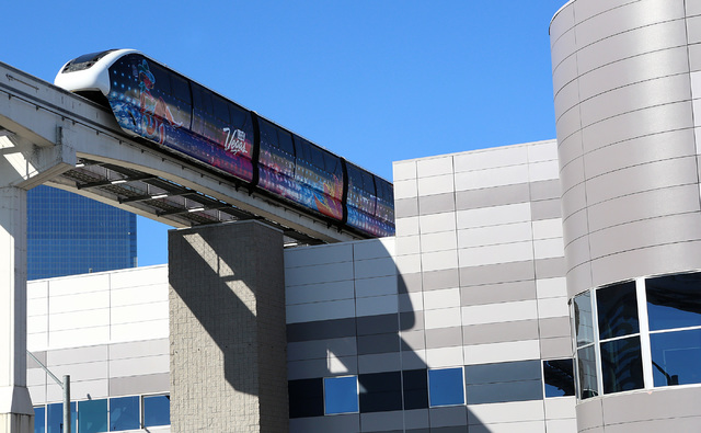 A Las Vegas Monorail approaches the Las Vegas Convention Center station Tuesday, Jan. 31, 2017. An LVGEA official said Wednesday the state must enhance its transportation systems in order to stay  ...