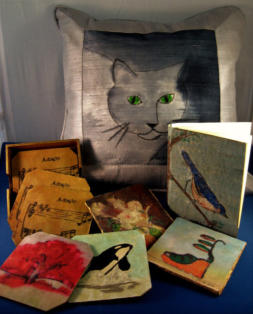 COURTESY LUCAS-HILL
At the Winter Las Vegas Market, Lucas-Hill Art & Design showcased hand-made silk pillows and coasters. Items can be personalized for that special person.