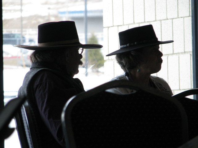 Attendees of the 33rd annual National Cowboy Poetry Gathering at Elko Nev. relax in the makeshift tavern at the Elko Convention Center on Feb. 4, 2017 (F. Andrew Taylor/Las Vegas Review-Journal)