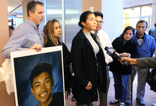 Alani Fajardo, center, sister of Jaelan Fajardo, who died in a crash caused by David Fensch, addresses the media as her stepfather, James Tierney, left, and her mother, Marsha Fajardo, look on, Mo ...