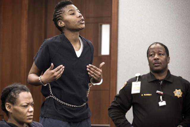 Lakeisha Nicole Holloway, accused of intentionally plowing a car into pedestrians on a Las Vegas Strip sidewalk, speaks during her competency hearing in Regional Justice Center on Friday, March 11 ...