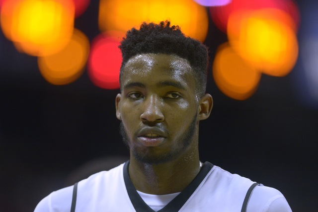 UNLV forward Derrick Jones Jr. heads to the bench during a timeout against Wyoming on Feb. 27, 2016, at the Thomas & Mack Center. UNLV won 79-74. (Sam Morris/Las Vegas News Bureau)