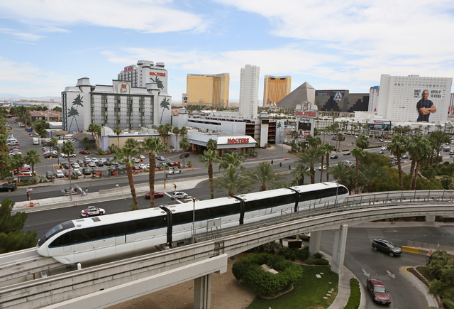 The Las Vegas Monorail runs past MGM Grand hotel-casino Thursday, June 2, 2016, in Las Vegas. Passengers can ride the Monorail from MGM Grand to SLS with stops along the way. (Ronda Churchill/Las ...
