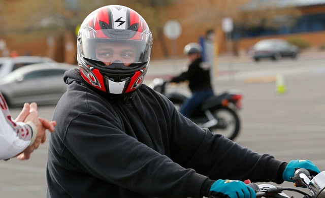 Jason Craft of Las Vegas listens to instructor Patrick Soles during a College of Southern Nevada motorcycle safety course at the college's Henderson campus on Sunday, Feb. 5, 2017. (Chitose Suzuki ...