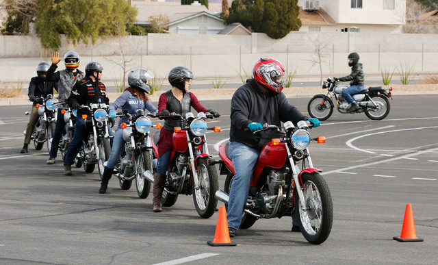 Motorcyclists participate in a College of Southern Nevada motorcycle safety course at the college's Henderson campus on Sunday, Feb. 5, 2017. (Chitose Suzuki/Las Vegas Review-Journal) @chitosephoto