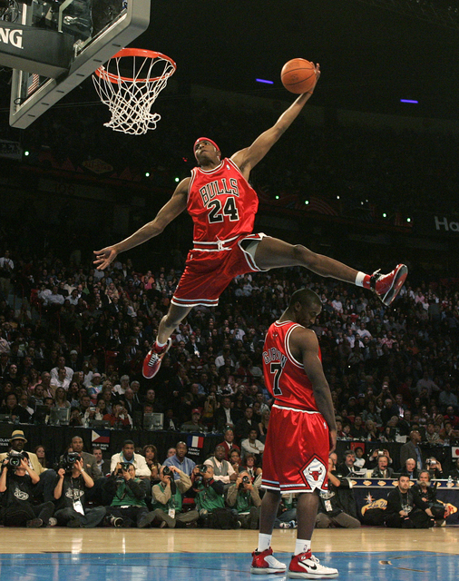 Tyrus Thomas makes a dunk during the NBA All-Star Slam Dunk contest at the Thomas & Mack Center in Las Vegas Saturday, Feb. 16, 2007. (John Locher/Las Vegas Review-Journal)