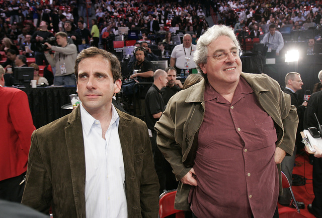Steve Carrell, left, and Harold Ramis attend the NBA All-Star game at the Thomas & Mack Center in Las Vegas Sunday, Feb. 18, 2007. (John Locher/Las Vegas Review-Journal)
