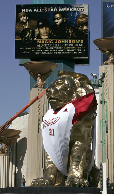 The MGM Grand hotel-casino outfitted the lion over their entrance in the newly designed NBA Western Conference jersey. The promotional event is part of the NBA Allstar Game in Las Vegas on Feb. 18 ...