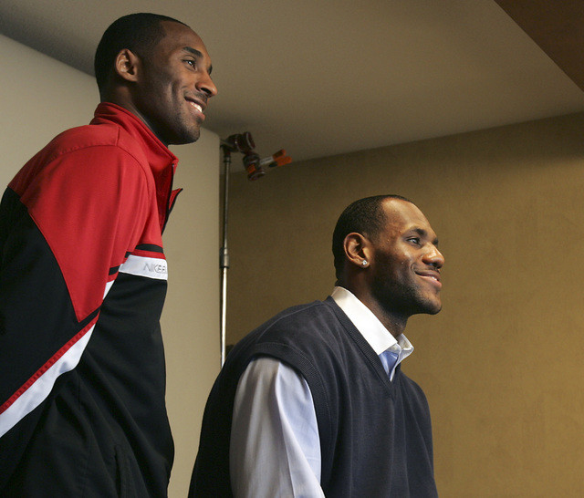 LeBron James waits for Kobe Bryant to pose together at the Palms hotel-casino in Las Vegas on Friday, Feb. 16, 2007. (John Gurzinski/Las Vegas Review-Journal)