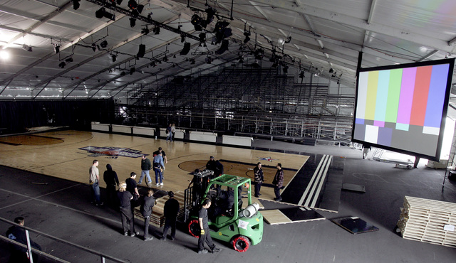 Floorboards for the Jam Session basketball court are installed at the Mandalay Bay Convention Center in Las Vegas on Tuesday, Feb. 13, 2007. (John Gurzinski/Las Vegas Review-Journal)