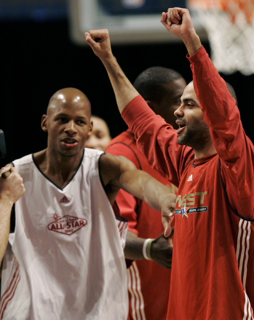 Ray Allen, left, from the Seattle Supersonics, jokes with Tony Parker, from the San Antonio Spurs, during NBA All-Star game practice in Las Vegas Saturday, Feb. 17, 2007. (AP Photo/Kevork Djansezian)