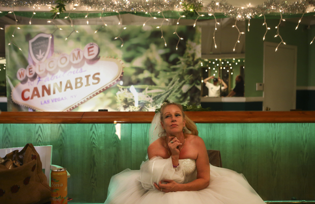 Venus Heard of Mesa, Arizona, relaxes in The Cannabis Chapel before her wedding ceremony in downtown Las Vegas on Friday, Feb. 3, 2017. (Chase Stevens/Las Vegas Review-Journal) @csstevensphoto