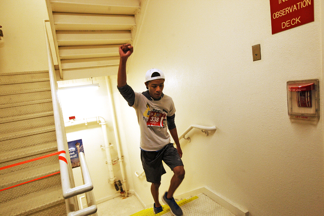 Christion Johnson reaches the finish line for the Scale the Strat stair climb that raises money for the American Lung Association on Sunday, Feb. 26, 2017, at the Stratosphere in Las Vegas. (Rache ...