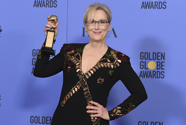 Meryl Streep poses in the press room with the Cecil B. DeMille award at the 74th annual Golden Globe Awards at the Beverly Hilton Hotel on Sunday, Jan. 8, 2017, in Beverly Hills, Calif. (Photo by ...