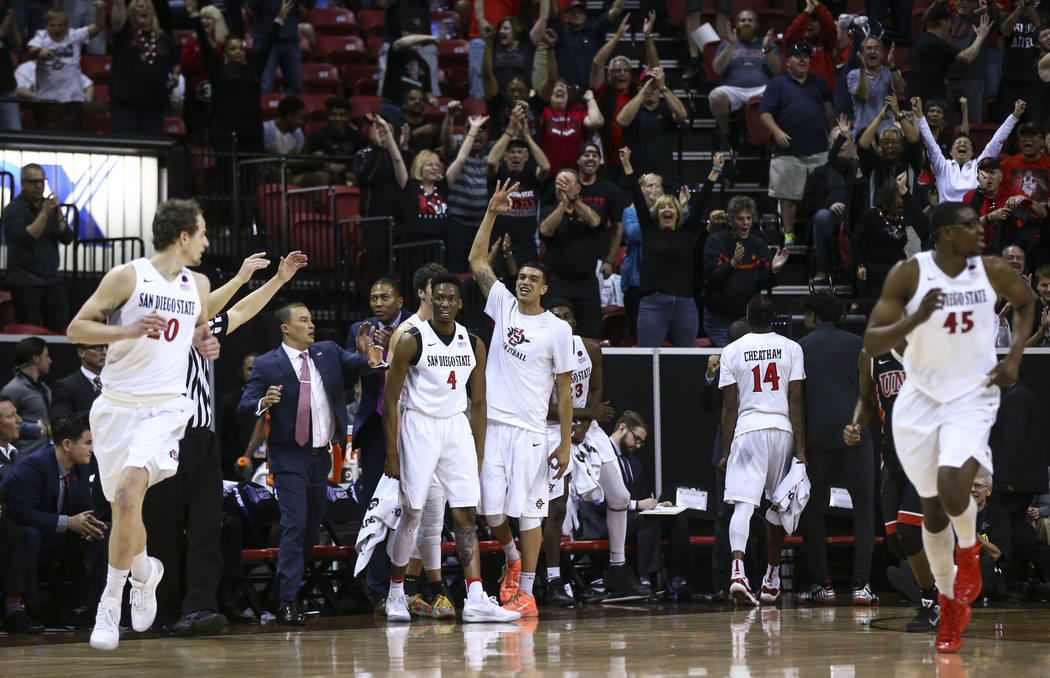 San Diego State players react while playing UNLV during a Mountain West Conference tournament basketball game at the Thomas & Mack Center in Las Vegas on Wednesday, March 8, 2017. San Diego St ...
