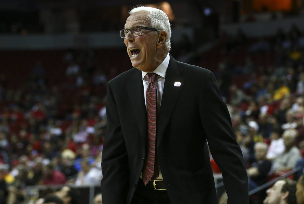 San Diego State head coach Steve Fisher reacts as his team plays UNLV during a Mountain West Conference tournament basketball game at the Thomas & Mack Center in Las Vegas on Wednesday, March  ...