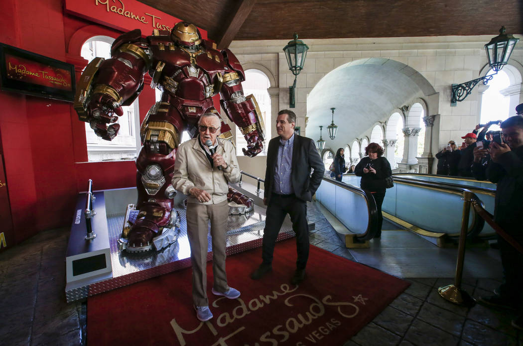 Stan Lee helps unveil the new Hulkbuster Armor at Madame Tussauds Las Vegas at the Venetian hotel-casino in Las Vegas, Tuesday, Feb. 28, 2017. The armor first appearance in Avengers: Age of Ultron ...