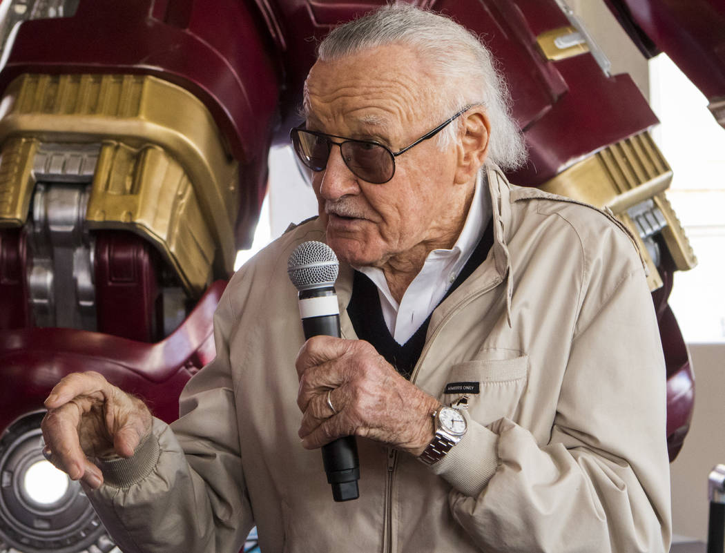 Stan Lee speaks to the audience during the unveiling of the new Hulkbuster Armor at Madame Tussauds Las Vegas at the Venetian hotel-casino in Las Vegas, Tuesday, Feb. 28, 2017. The armor first app ...