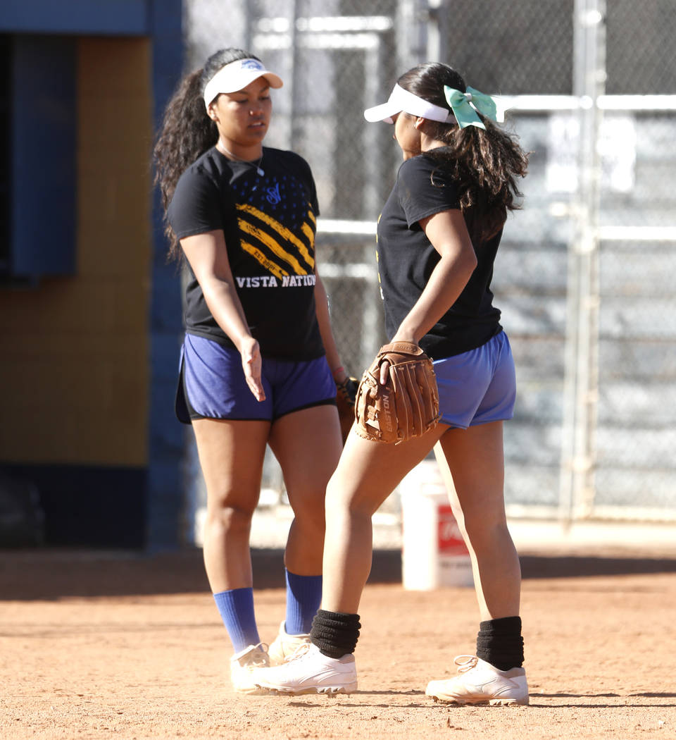 Sierra Vista High's softball captain Kalei Watkins, left, and her sister Ryan during team's practice on Friday, March 3, 2017, in Las Vegas. (Bizuayehu Tesfaye/Las Vegas Review-Journal) @bizutesfaye