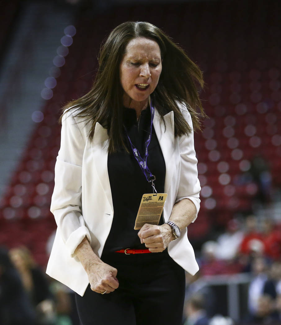 UNLV head coach Kathy Olivier reacts as her team trails Fresno State in the final moments of their game during the Mountain West Conference basketball tournament at the Thomas & Mack Center in ...