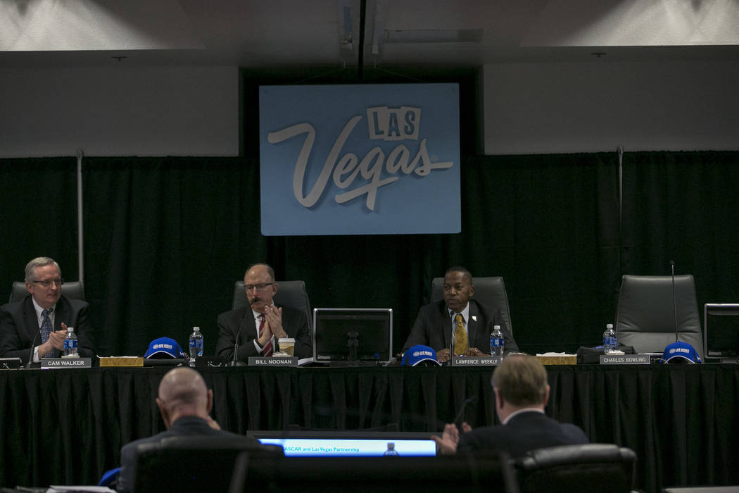 Las Vegas Convention and Visitors Authority board of directors applaud after approving that Las Vegas Motor Speedway will host a second NSCAR race, in the fall starting in 2018,  on Wednesday, Mar ...